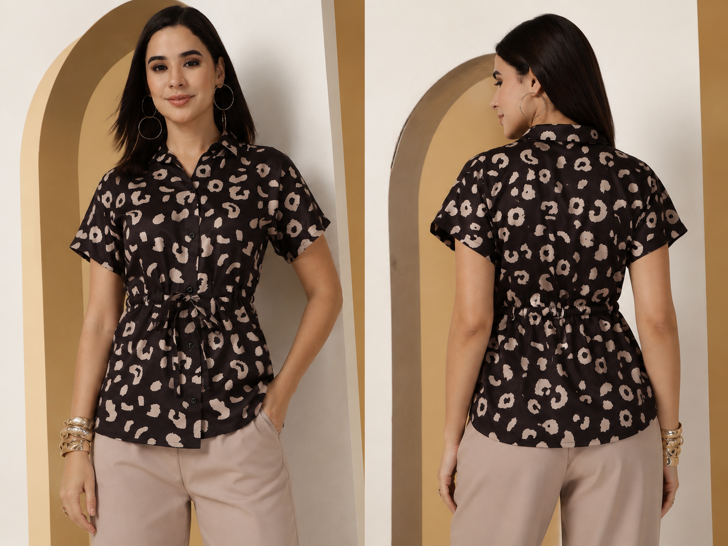 CHIC ELAN Women's Black Animal Print Waist Tie Shirt | Premium Collared Casual Top