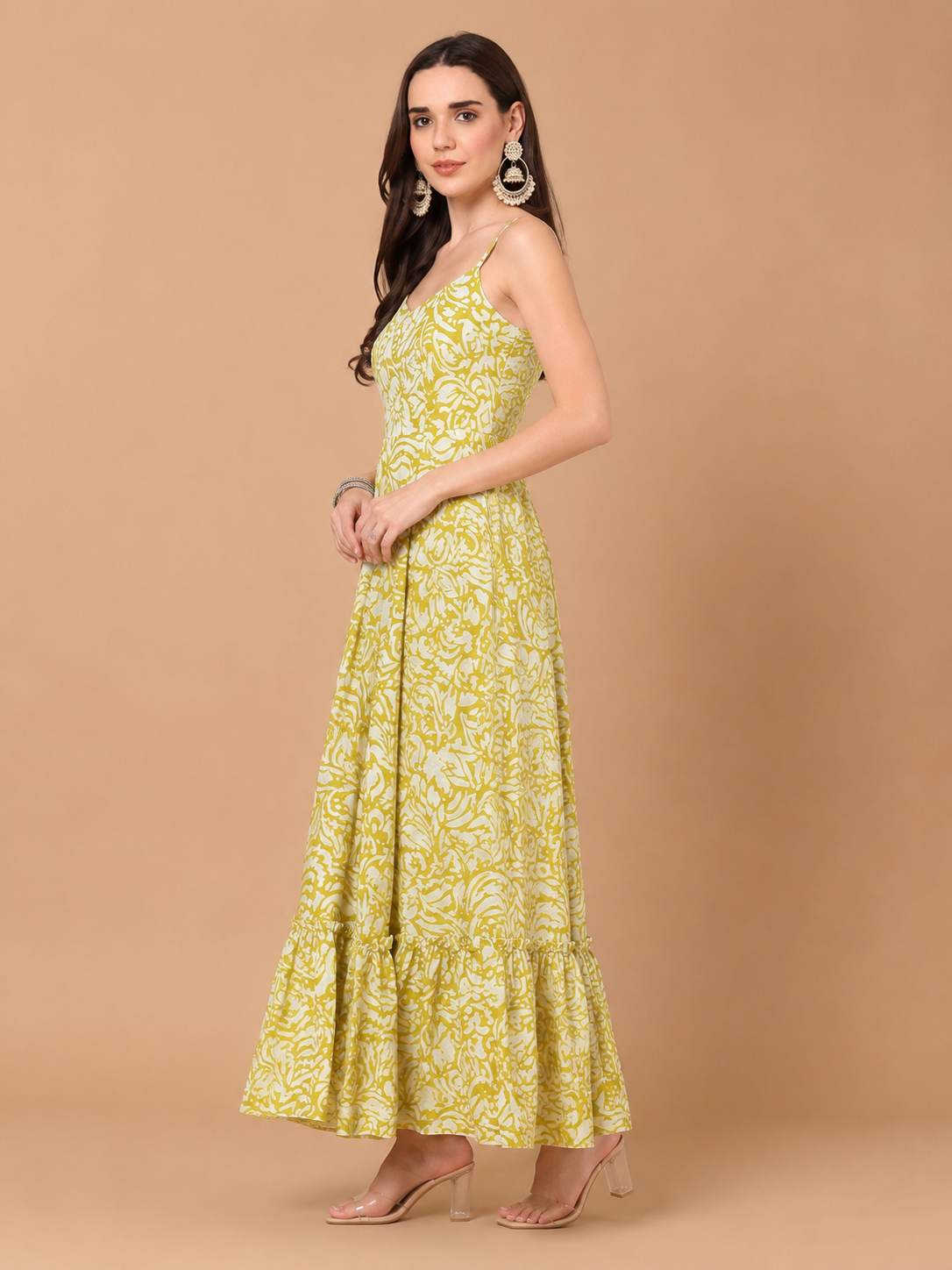 CHIC ELAN Women's Lime Green Floral Maxi Dress | Premium Sleeveless Tiered Summer Dress