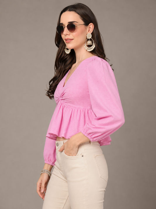 CHIC ELAN Women's Blush Pink Ruched Peplum Top
