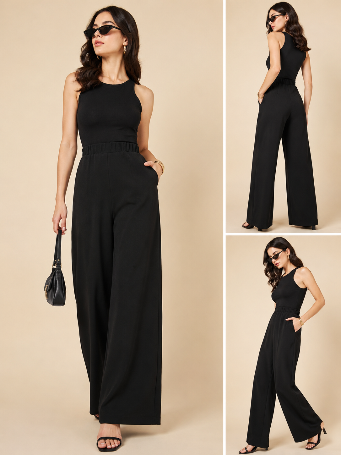Women's Black High-Waist Wide Leg Trousers with Pockets