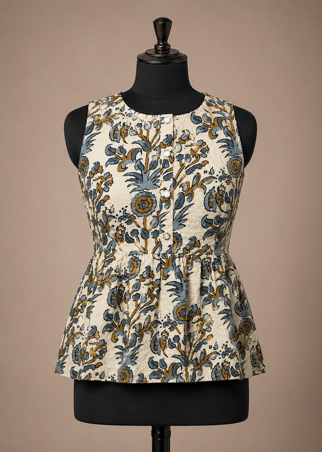 CHIC ELAN Women's Ivory Blue Floral Peplum Top | Premium Sleeveless Cotton Blend Top