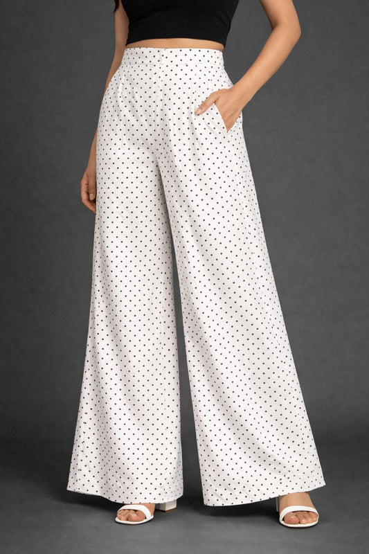 CHIC ELAN Women's White Polka Dot Wide Leg Palazzo Pants | High Waist Flared Trousers with Pockets