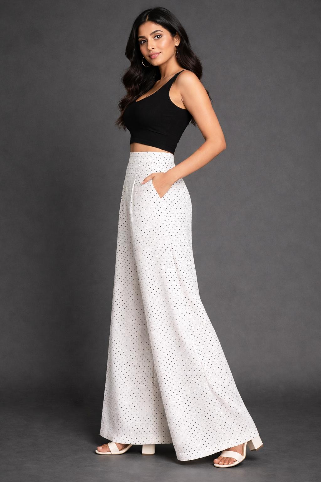 CHIC ELAN Women's White Polka Dot Wide Leg Palazzo Pants | High Waist Flared Trousers with Pockets