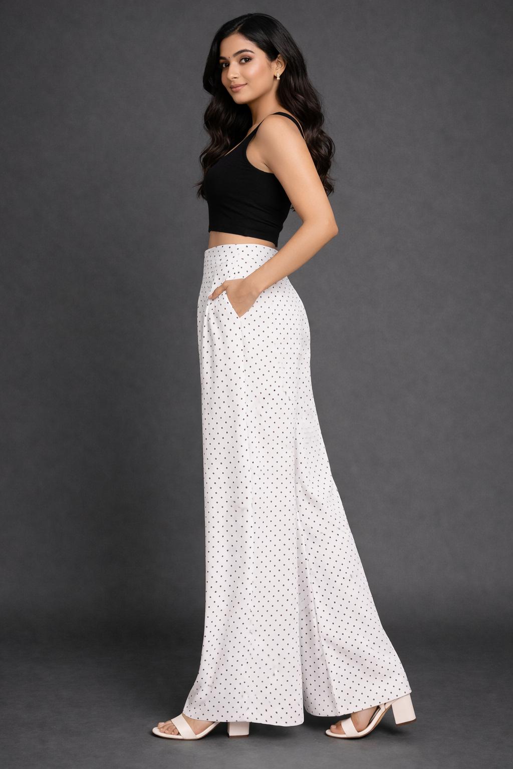 CHIC ELAN Women's White Polka Dot Wide Leg Palazzo Pants | High Waist Flared Trousers with Pockets