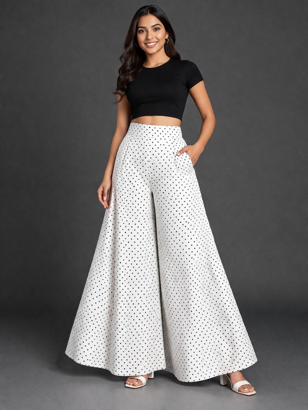 CHIC ELAN Women's White Polka Dot Wide Leg Palazzo Pants | High Waist Flared Trousers with Pockets