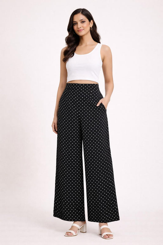 CHIC ELAN Women's Black Polka Dot Wide Leg Palazzo Pants | High Waist Flared Trousers with Pockets