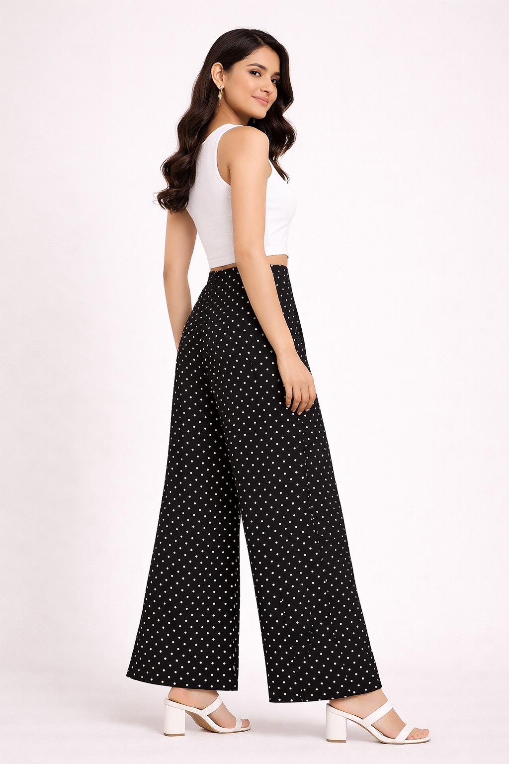 CHIC ELAN Women's Black Polka Dot Wide Leg Palazzo Pants | High Waist Flared Trousers with Pockets