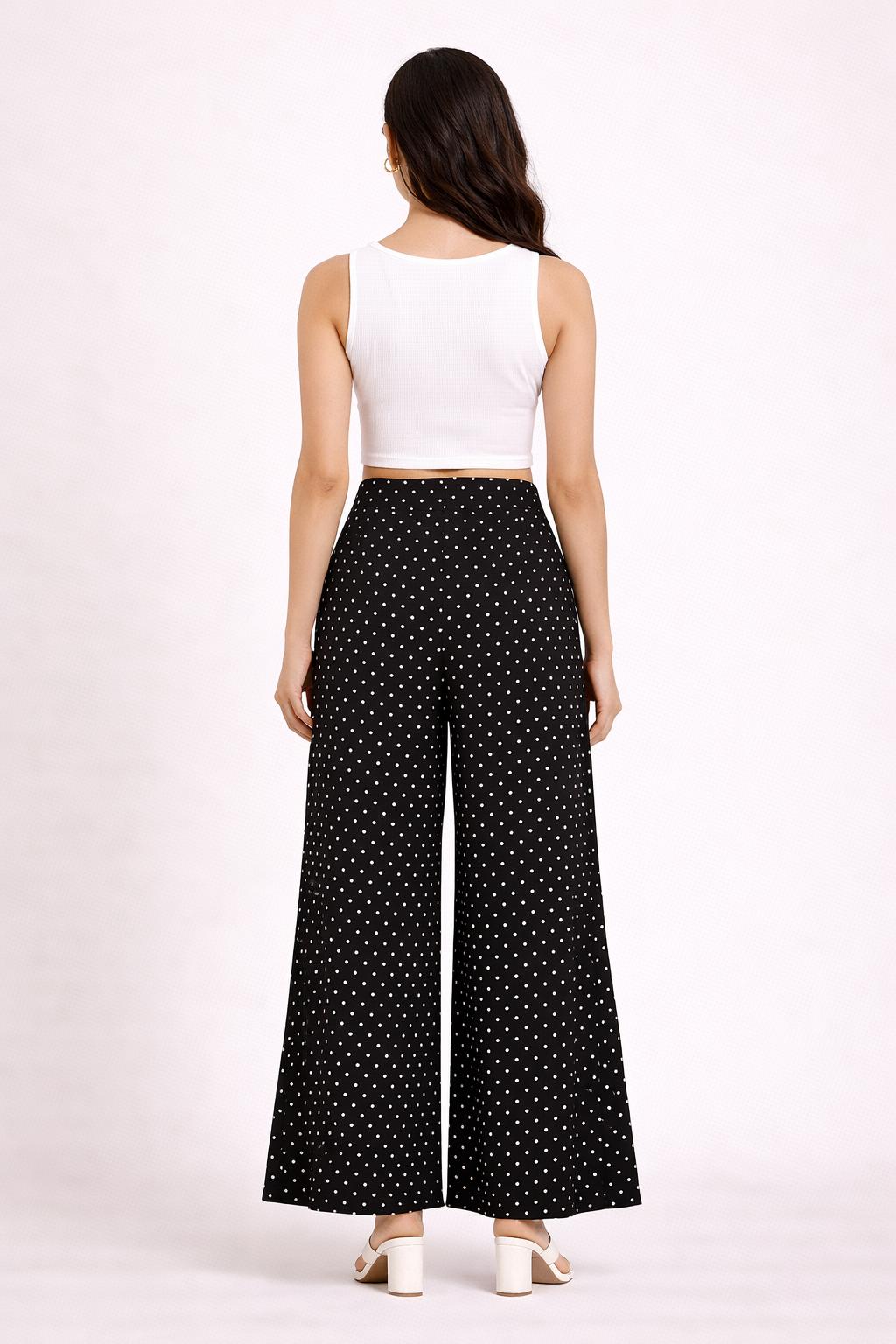 CHIC ELAN Women's Black Polka Dot Wide Leg Palazzo Pants | High Waist Flared Trousers with Pockets