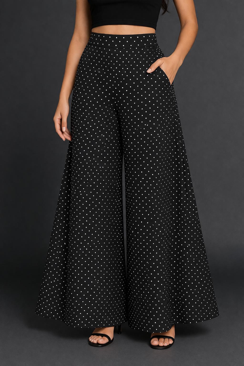 CHIC ELAN Women's Black Polka Dot Wide Leg Palazzo Pants | High Waist Flared Trousers with Pockets