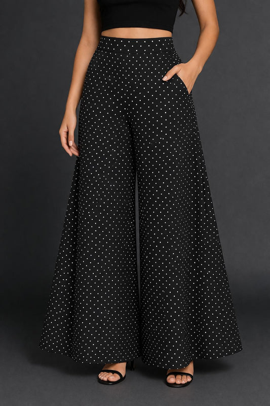 CHIC ELAN Women's Black Polka Dot Wide Leg Palazzo Pants | High Waist Flared Trousers with Pockets