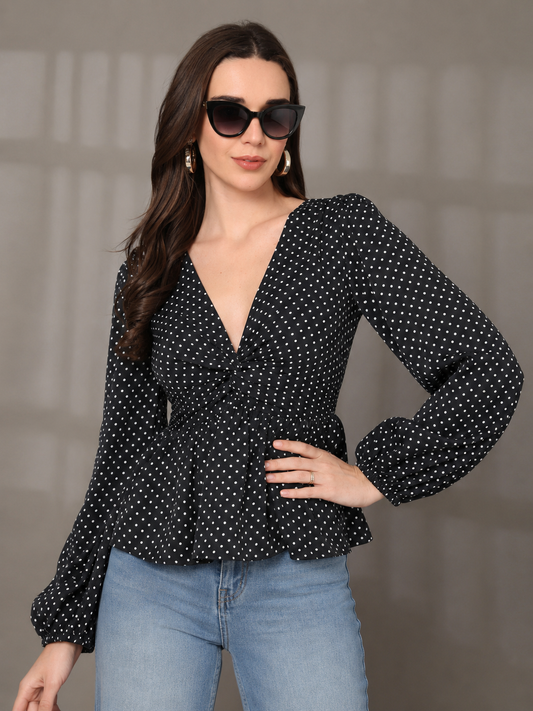 CHIC ELAN Women's Black Polka Dot Ruched Peplum Top | V-Neck Puff Sleeve Premium Top