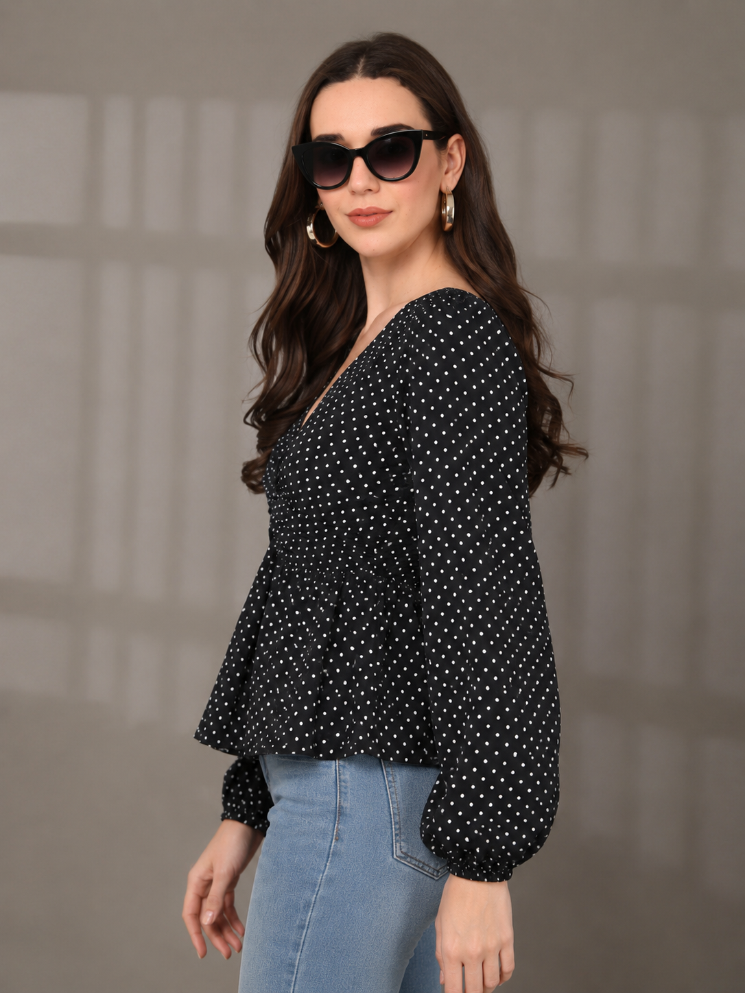 CHIC ELAN Women's Black Polka Dot Ruched Peplum Top | V-Neck Puff Sleeve Premium Top