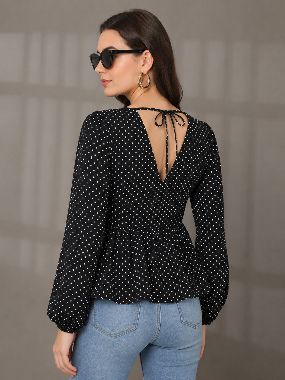 CHIC ELAN Women's Black Polka Dot Ruched Peplum Top | V-Neck Puff Sleeve Premium Top