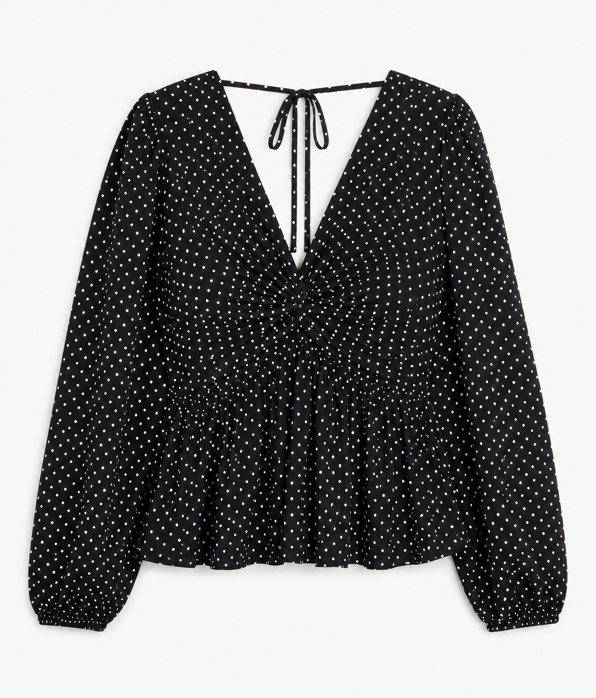 CHIC ELAN Women's Black Polka Dot Ruched Peplum Top | V-Neck Puff Sleeve Premium Top