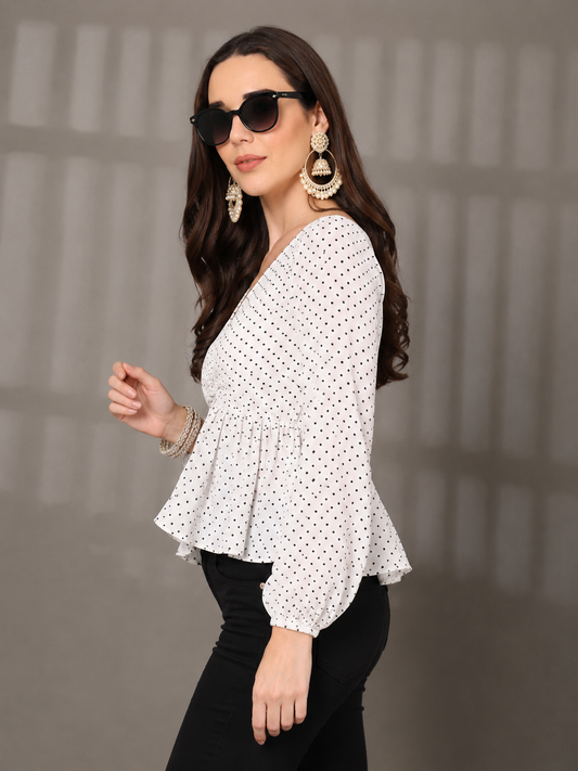 CHIC ELAN Women's White Polka Dot Ruched Peplum Top | V-Neck Puff Sleeve Premium Top