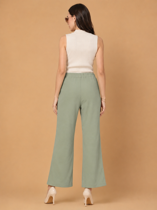 CHIC ELAN Women's Olive Green High Waist Wide Leg Pants | Formal Palazzo Trousers with Pockets