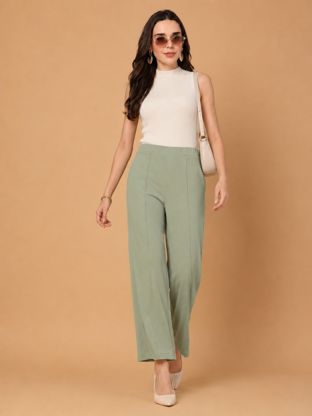 CHIC ELAN Women's Olive Green High Waist Wide Leg Pants | Formal Palazzo Trousers with Pockets
