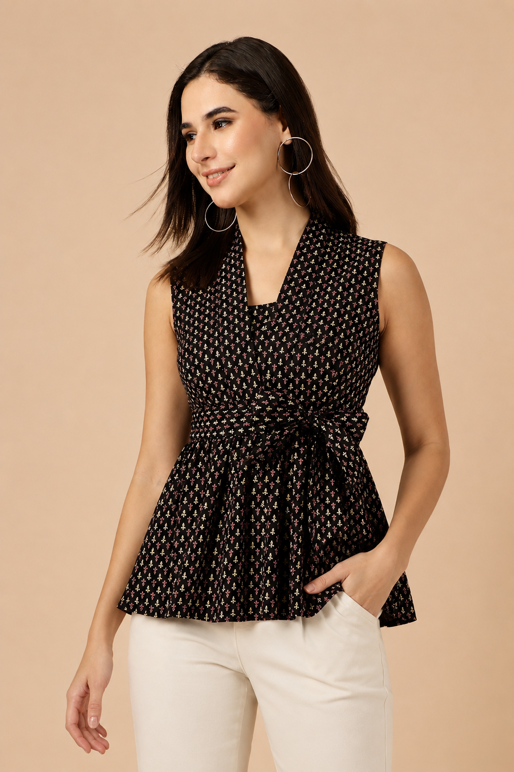 CHIC ELAN Women's Black Floral Wrap Peplum Top | Sleeveless Premium Party & Casual Top