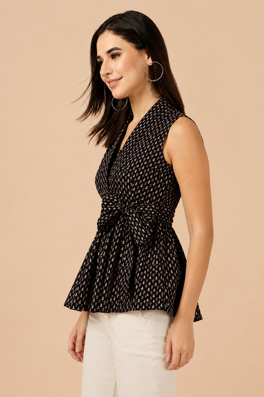 CHIC ELAN Women's Black Floral Wrap Peplum Top | Sleeveless Premium Party & Casual Top