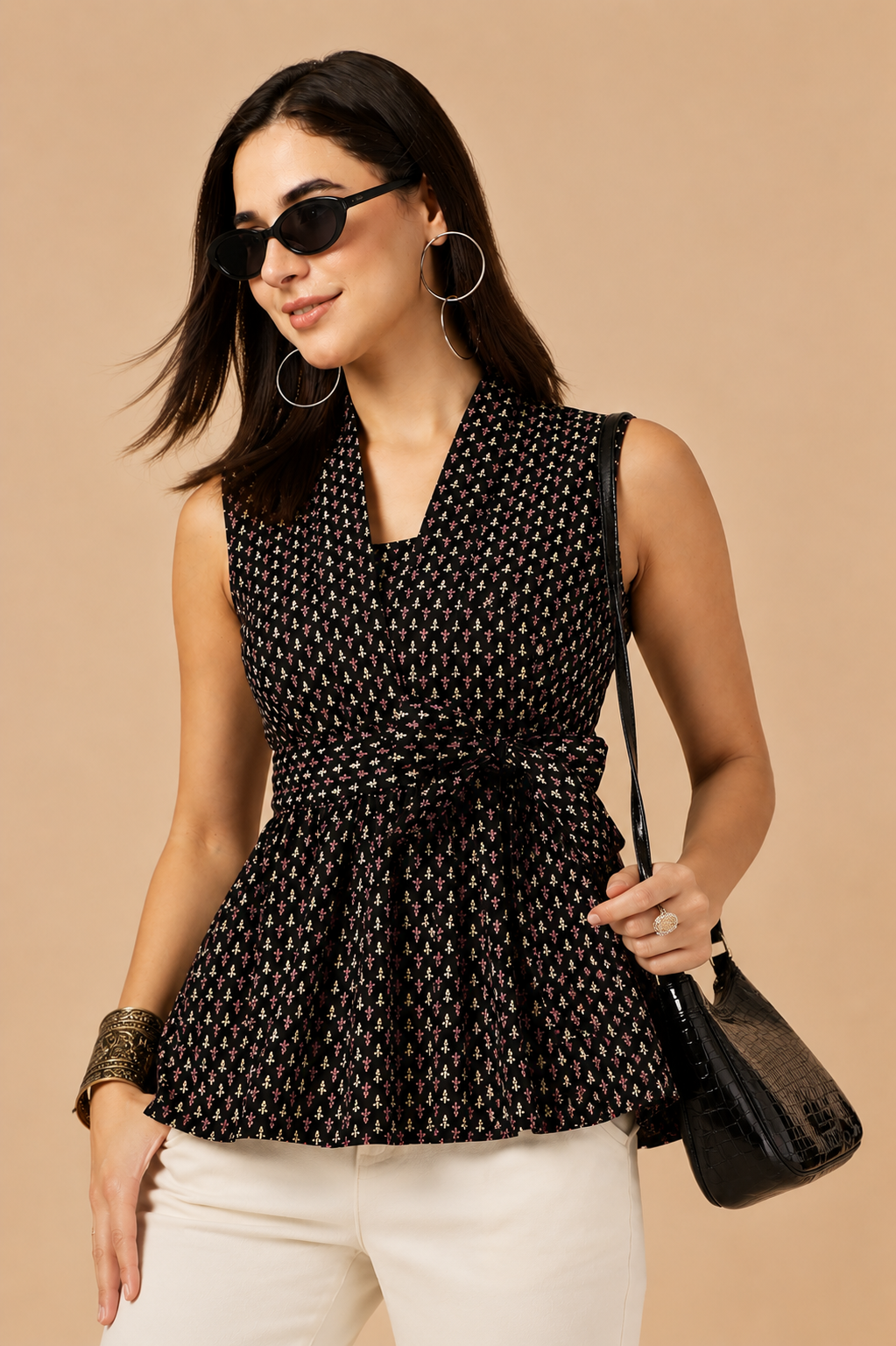 CHIC ELAN Women's Black Floral Wrap Peplum Top | Sleeveless Premium Party & Casual Top