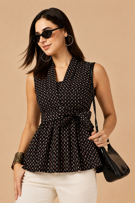 CHIC ELAN Women's Black Floral Wrap Peplum Top | Sleeveless Premium Party & Casual Top