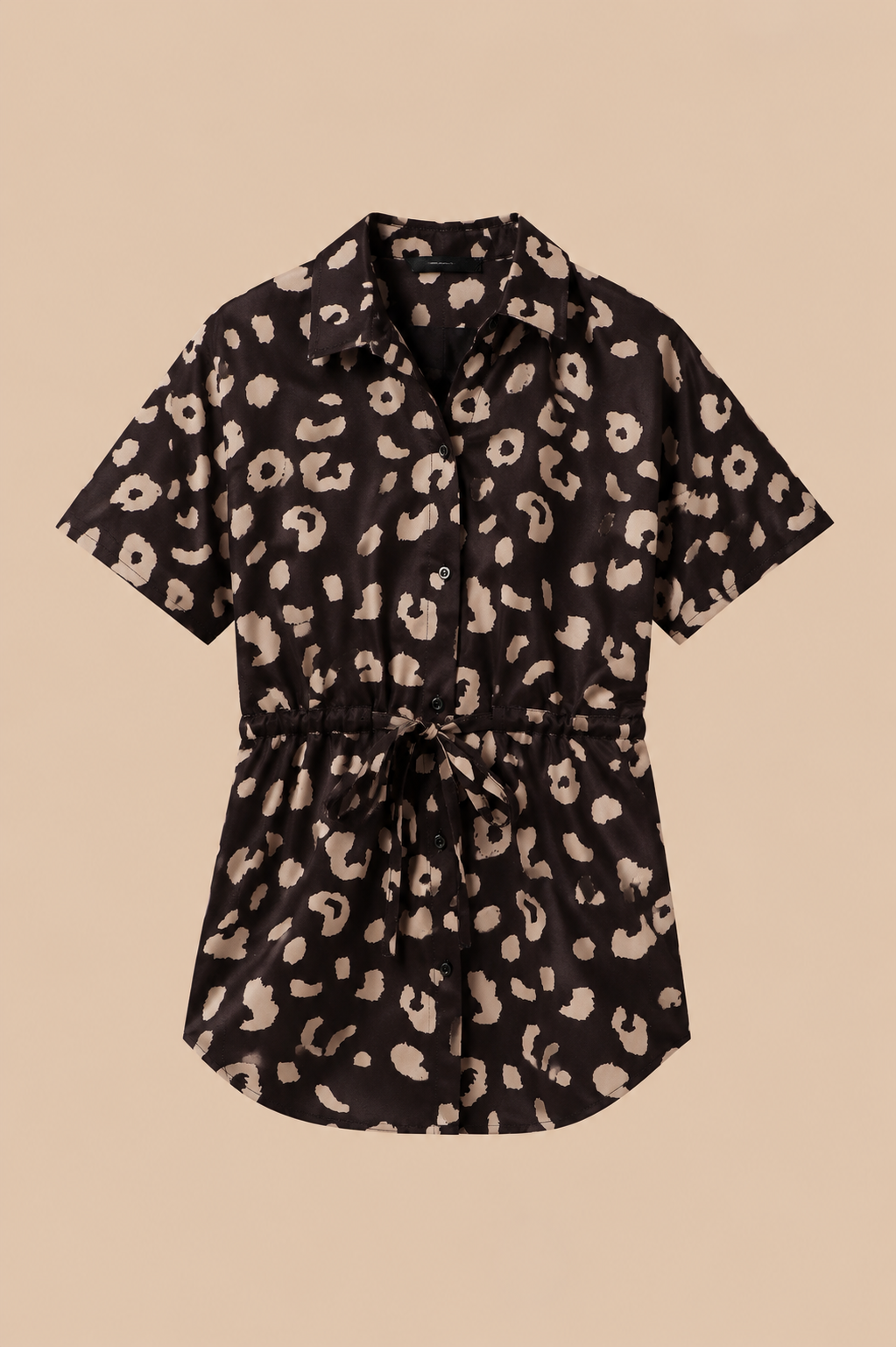 CHIC ELAN Women's Black Animal Print Waist Tie Shirt | Premium Collared Casual Top