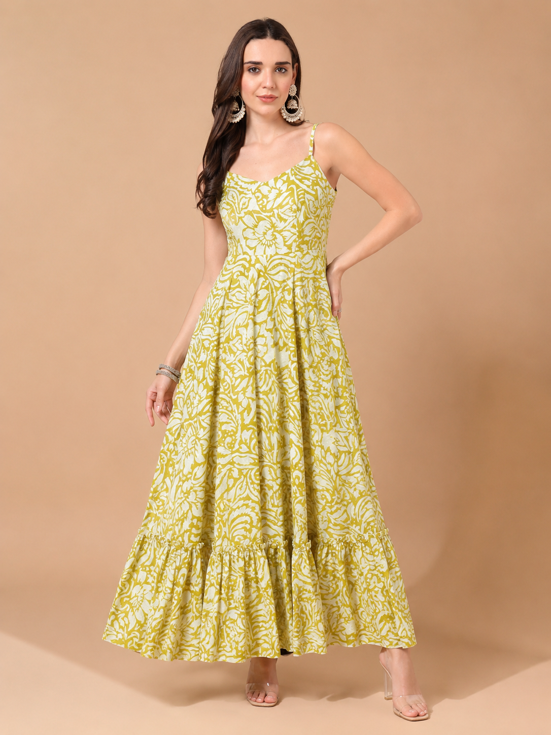 CHIC ELAN Women's Lime Green Floral Maxi Dress | Premium Sleeveless Tiered Summer Dress