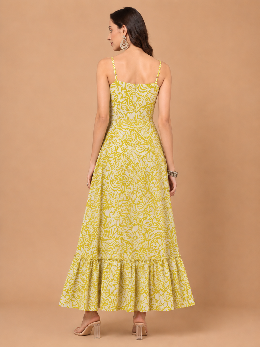 CHIC ELAN Women's Lime Green Floral Maxi Dress | Premium Sleeveless Tiered Summer Dress