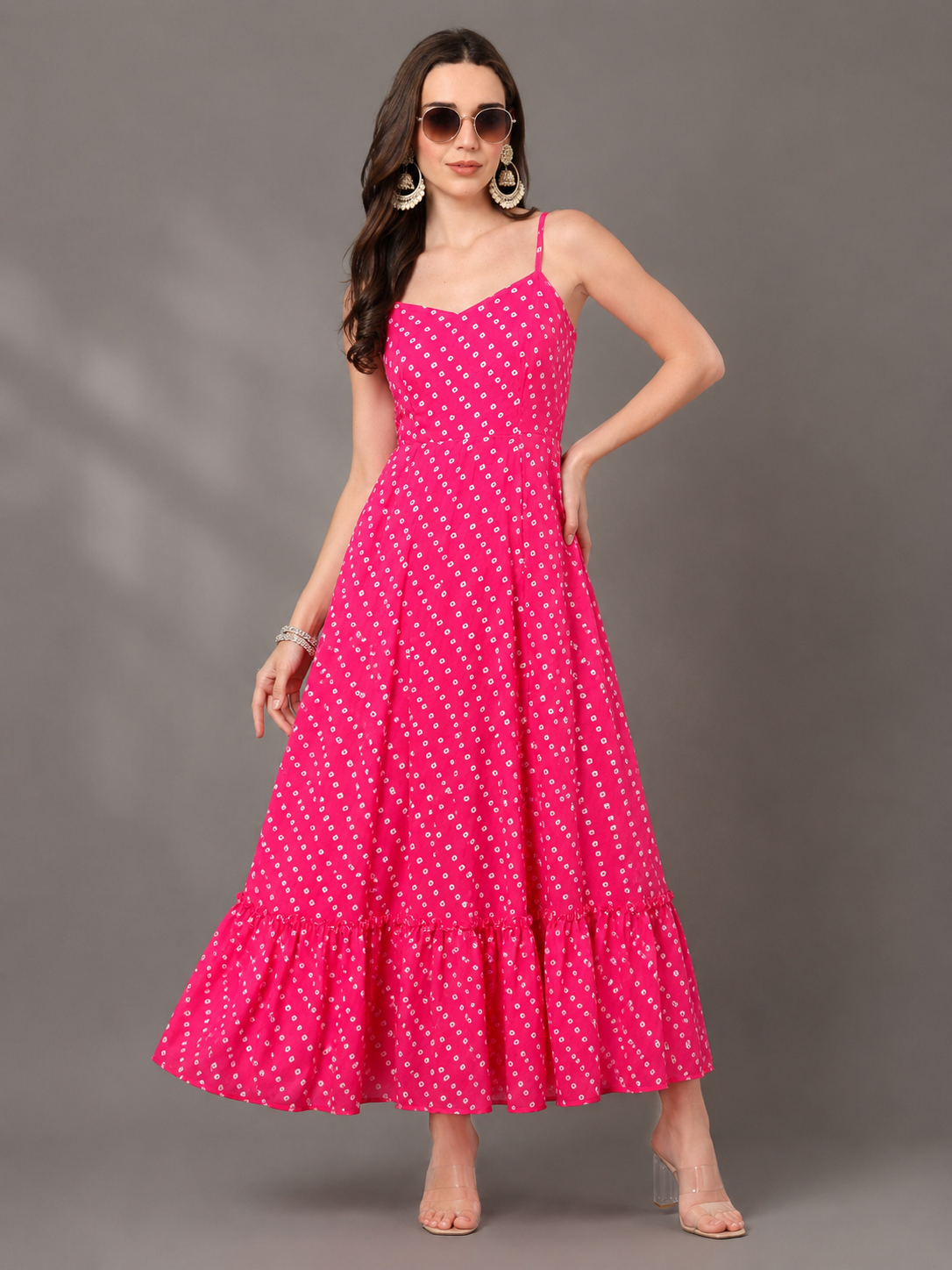 CHIC ELAN Women's Fuchsia Pink Printed Maxi Dress | Premium Sleeveless Tiered Summer Dress