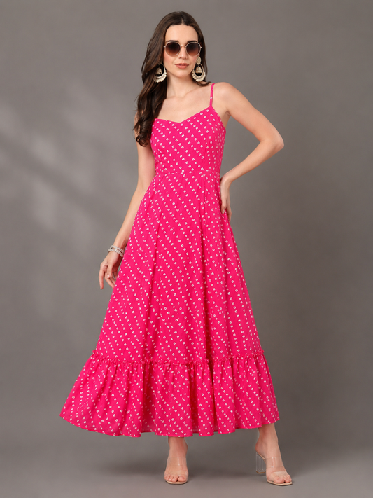 CHIC ELAN Women's Fuchsia Pink Printed Maxi Dress | Premium Sleeveless Tiered Summer Dress