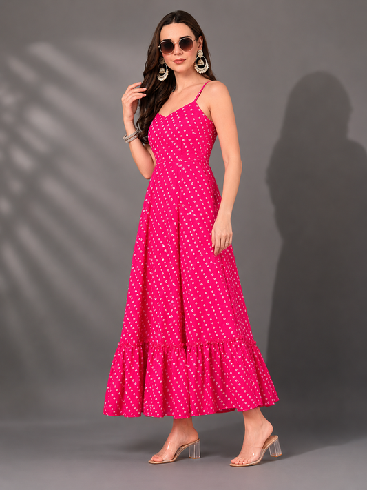 CHIC ELAN Women's Fuchsia Pink Printed Maxi Dress | Premium Sleeveless Tiered Summer Dress