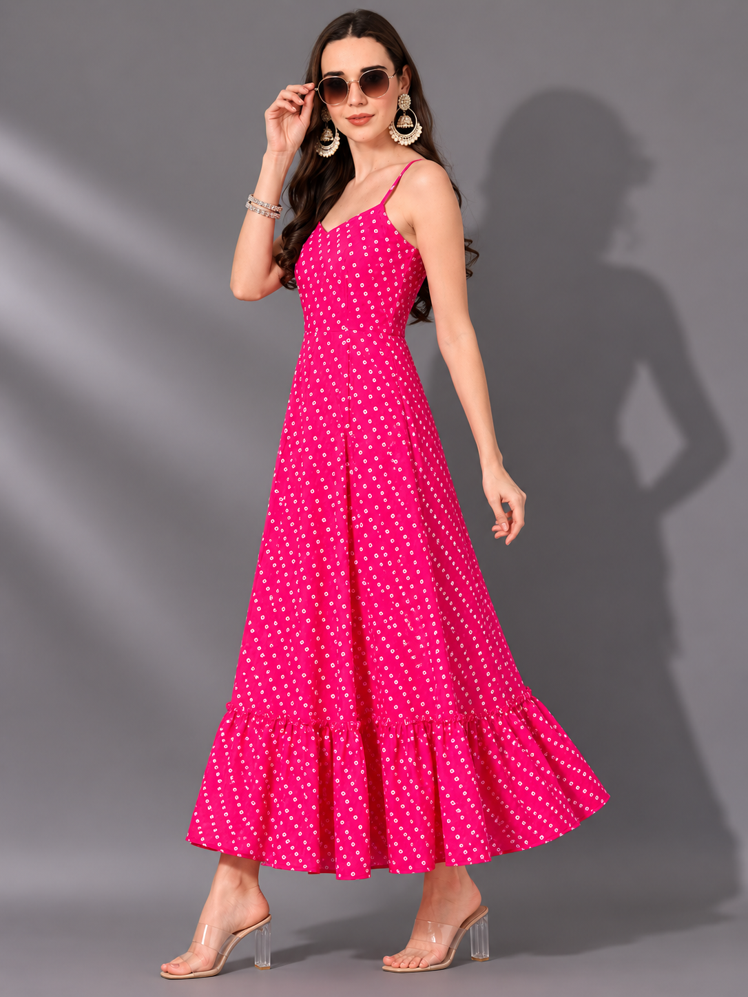 CHIC ELAN Women's Fuchsia Pink Printed Maxi Dress | Premium Sleeveless Tiered Summer Dress