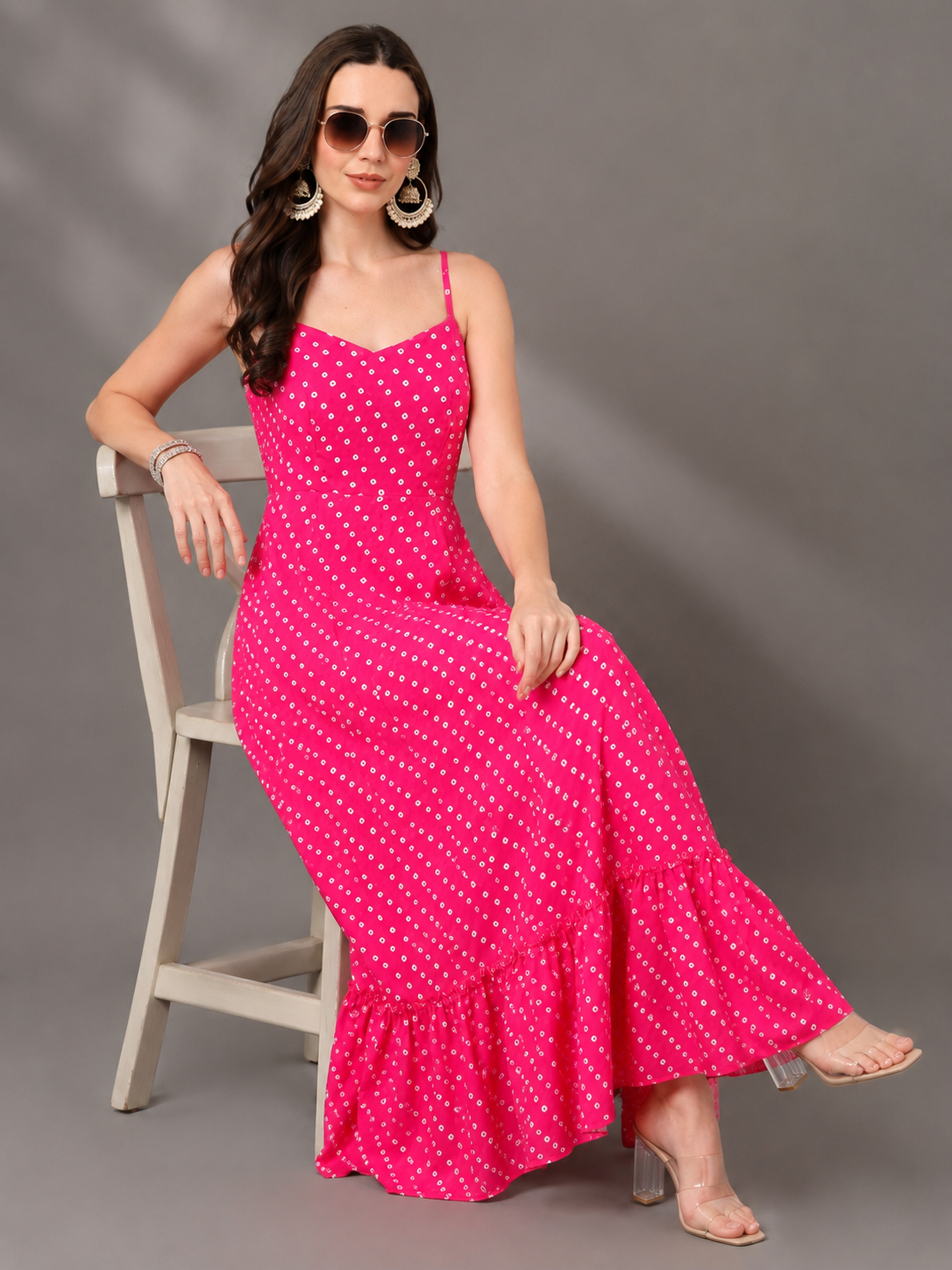 CHIC ELAN Women's Fuchsia Pink Printed Maxi Dress | Premium Sleeveless Tiered Summer Dress