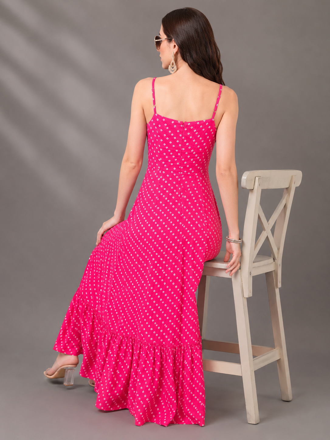 CHIC ELAN Women's Fuchsia Pink Printed Maxi Dress | Premium Sleeveless Tiered Summer Dress
