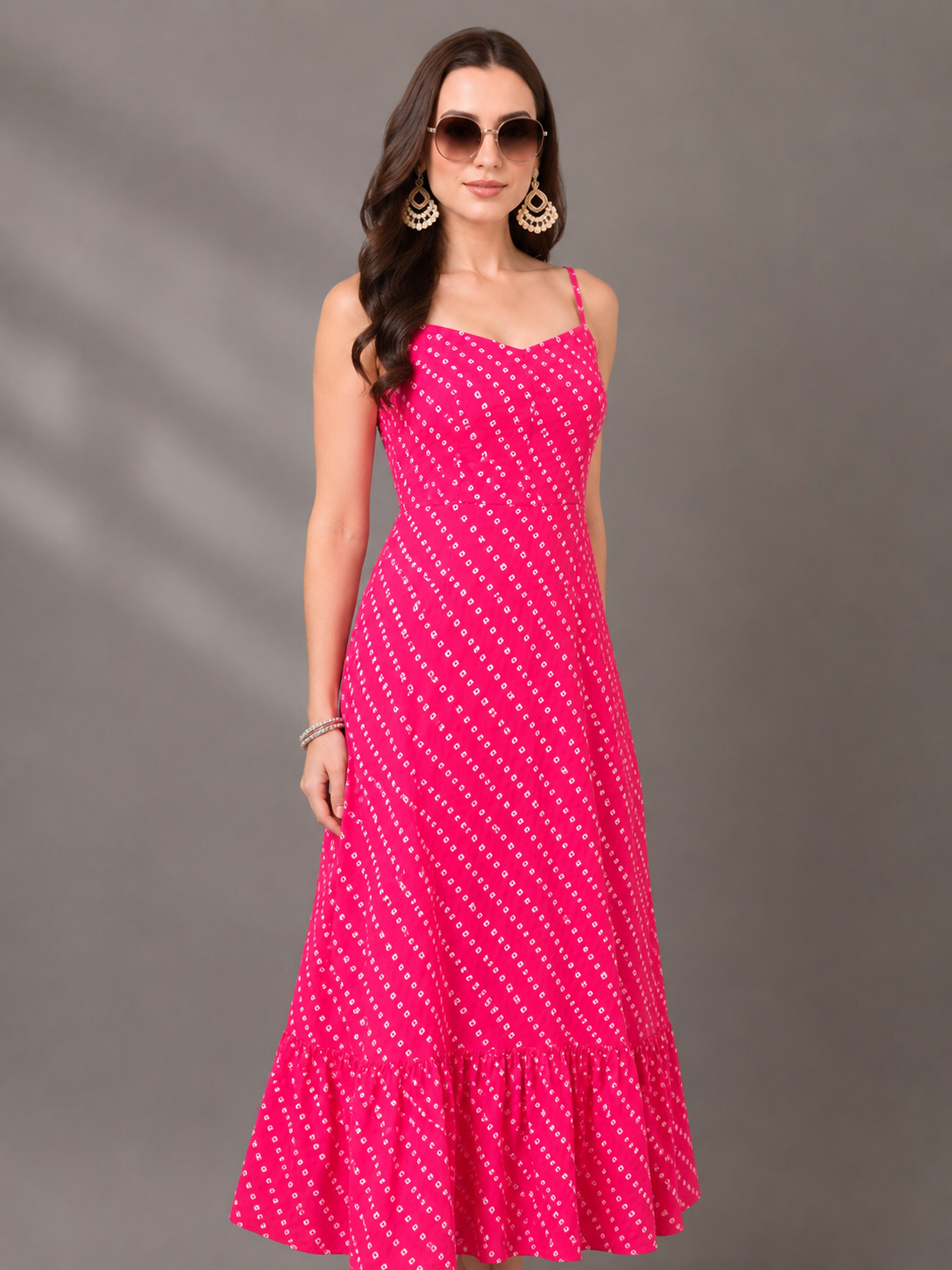 CHIC ELAN Women's Fuchsia Pink Printed Maxi Dress | Premium Sleeveless Tiered Summer Dress