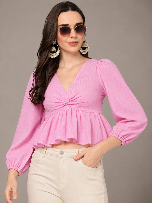 CHIC ELAN Women's Blush Pink Ruched Peplum Top