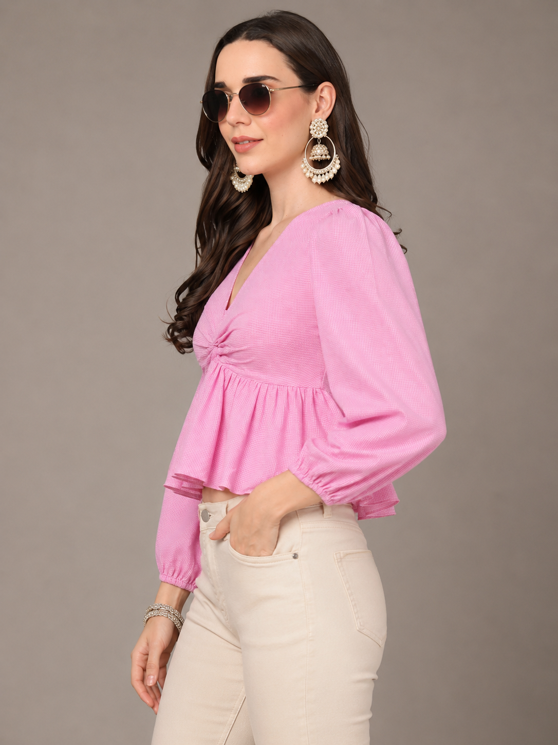 CHIC ELAN Women's Blush Pink Ruched Peplum Top