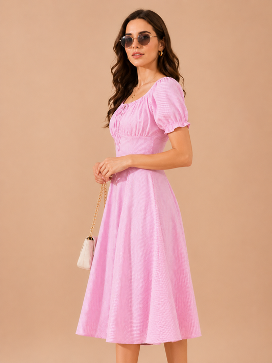 CHIC ELAN Pink Gingham Smocked Midi Dress for Women | Puff Sleeve Summer Cotton Dress