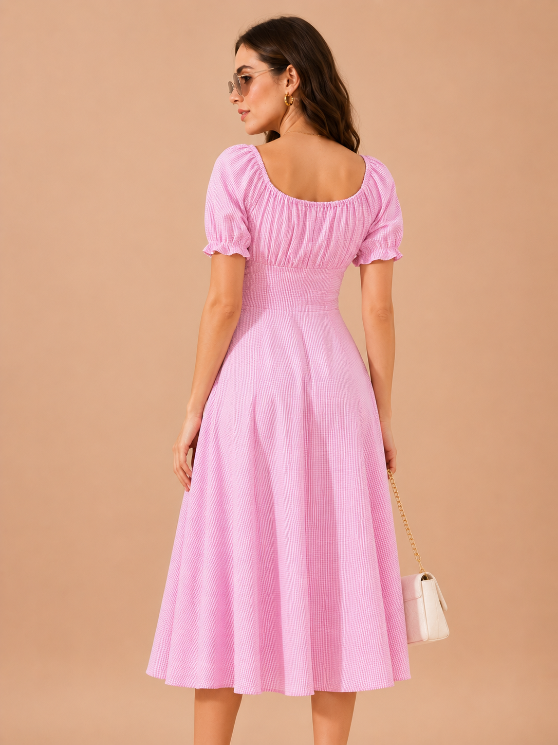 CHIC ELAN Pink Gingham Smocked Midi Dress for Women | Puff Sleeve Summer Cotton Dress