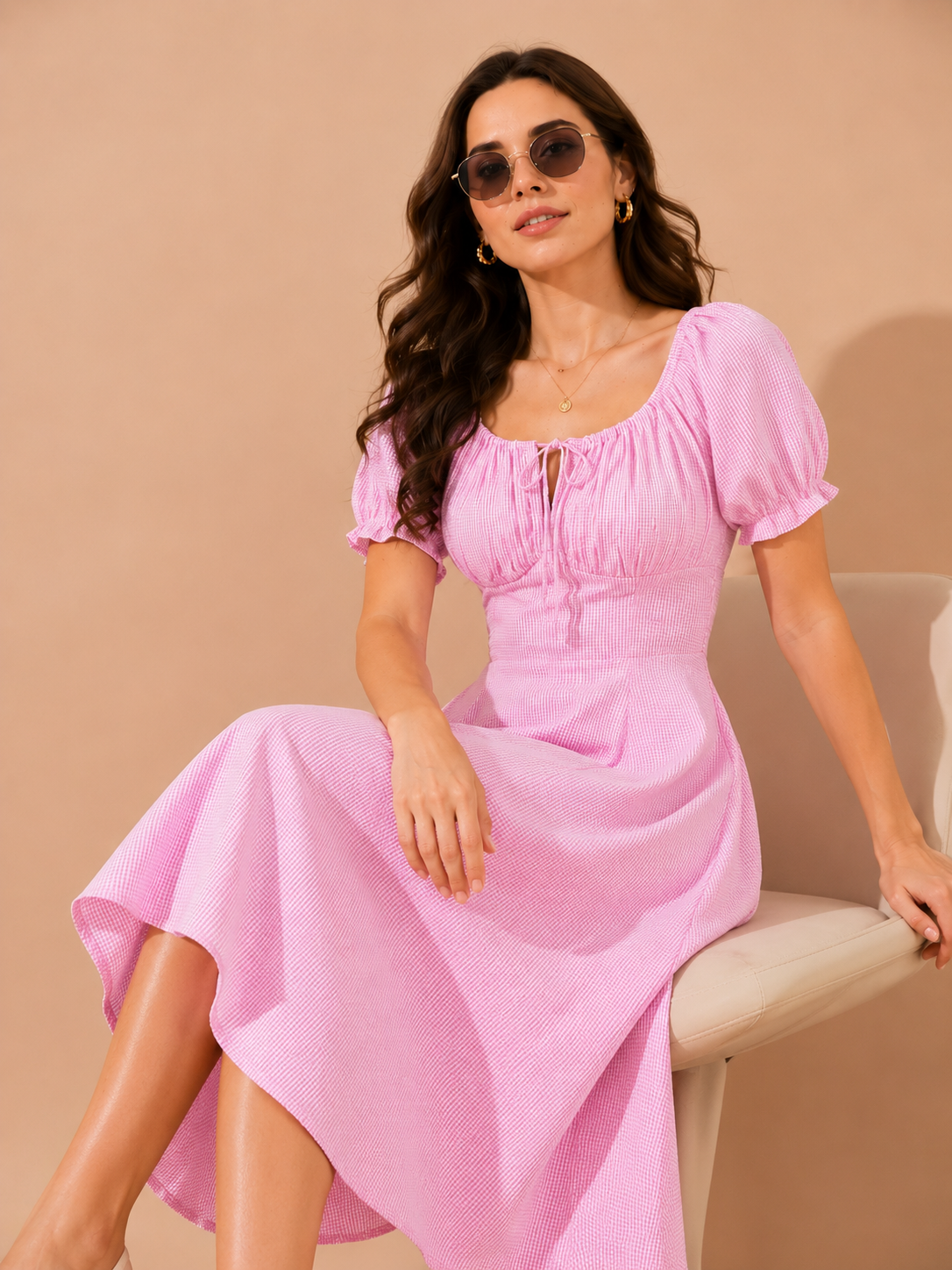 CHIC ELAN Pink Gingham Smocked Midi Dress for Women | Puff Sleeve Summer Cotton Dress