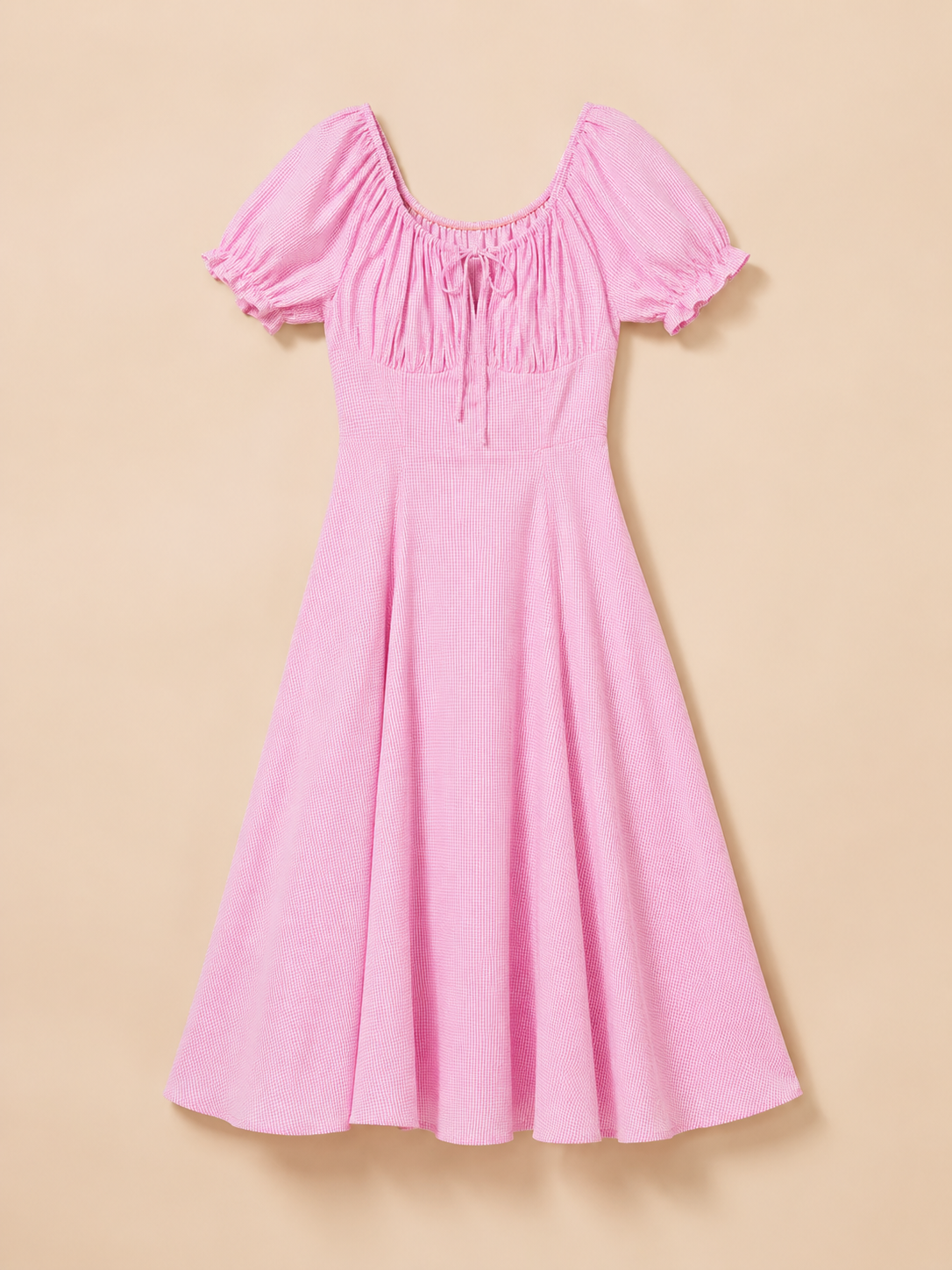 CHIC ELAN Pink Gingham Smocked Midi Dress for Women | Puff Sleeve Summer Cotton Dress
