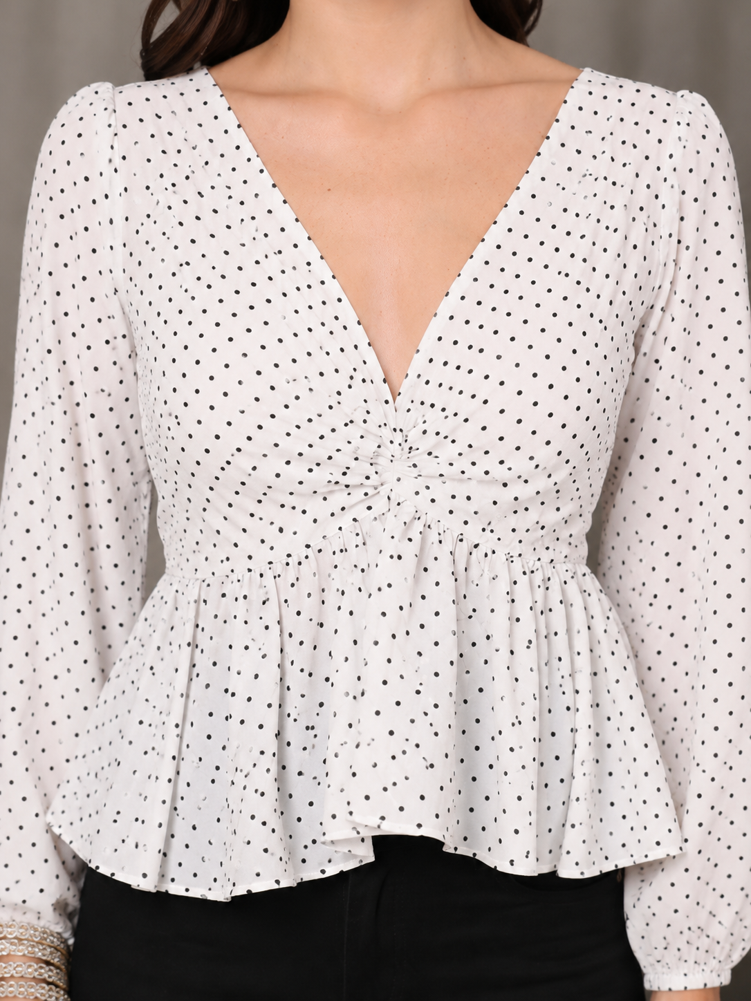 CHIC ELAN Women's White Polka Dot Ruched Peplum Top | V-Neck Puff Sleeve Premium Top