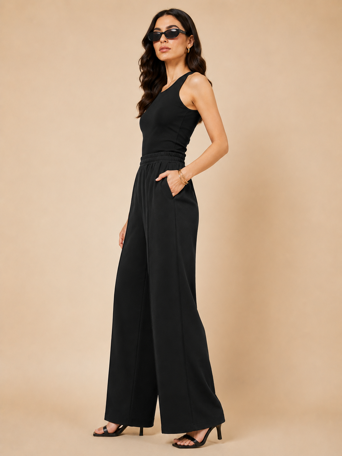 Women's Black High-Waist Wide Leg Trousers with Pockets