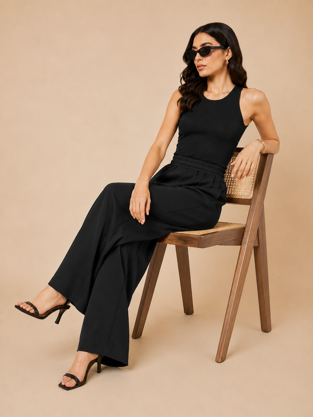 Women's Black High-Waist Wide Leg Trousers with Pockets