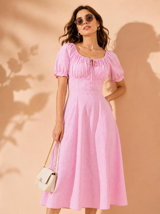 CHIC ELAN Pink Gingham Smocked Midi Dress for Women | Puff Sleeve Summer Cotton Dress