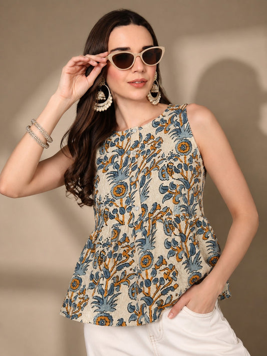 CHIC ELAN Women's Ivory Blue Floral Peplum Top | Premium Sleeveless Cotton Blend Top