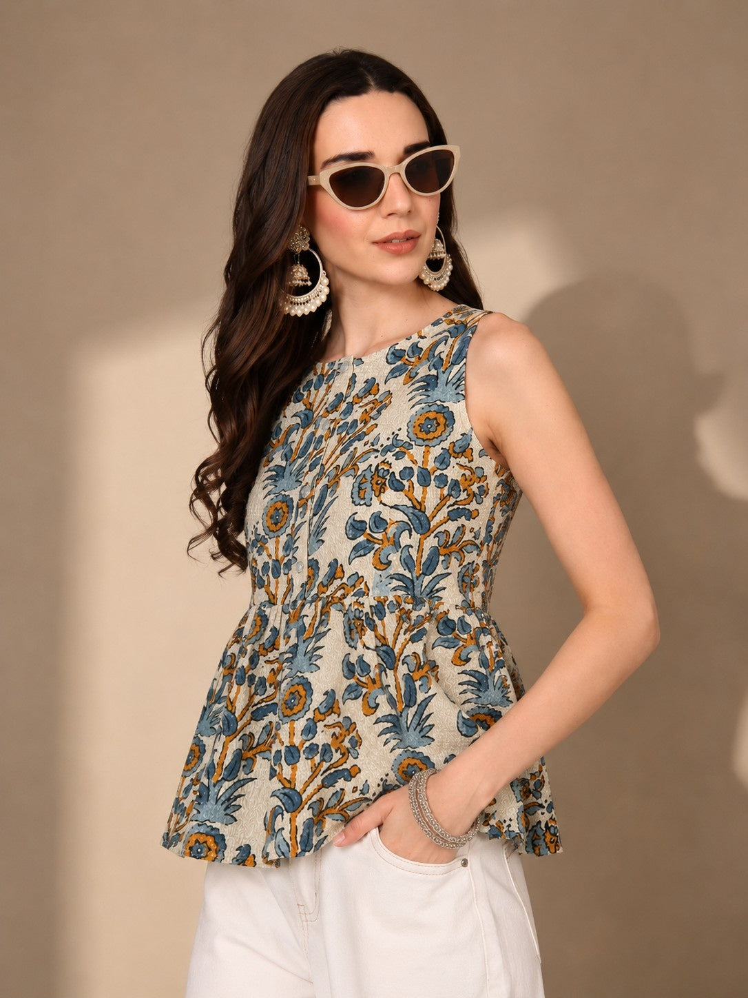 CHIC ELAN Women's Ivory Blue Floral Peplum Top | Premium Sleeveless Cotton Blend Top