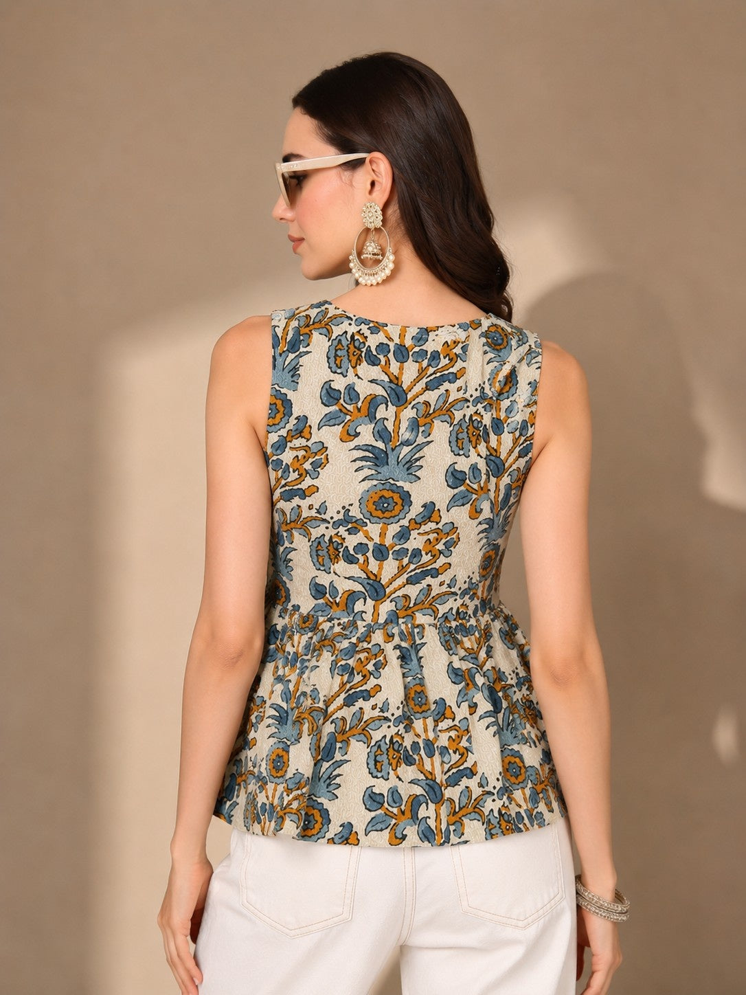 CHIC ELAN Women's Ivory Blue Floral Peplum Top | Premium Sleeveless Cotton Blend Top