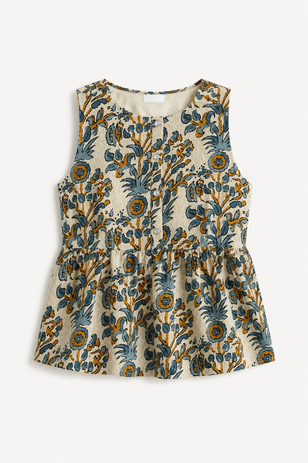 CHIC ELAN Women's Ivory Blue Floral Peplum Top | Premium Sleeveless Cotton Blend Top