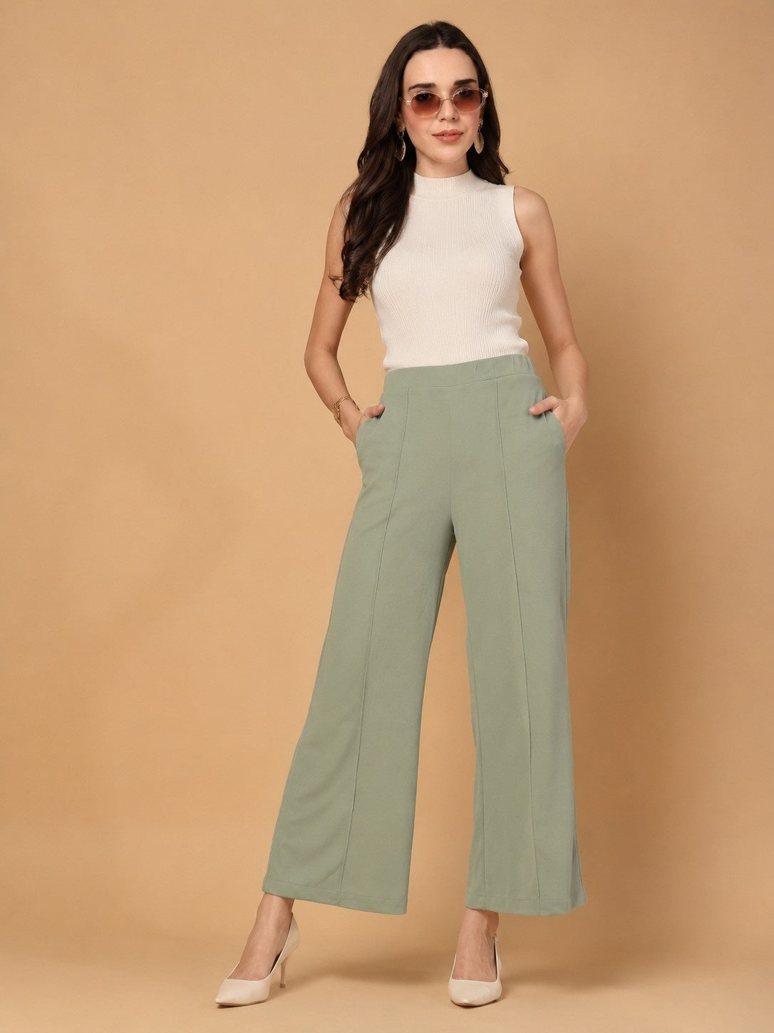 CHIC ELAN Women's Olive Green High Waist Wide Leg Pants | Formal Palazzo Trousers with Pockets